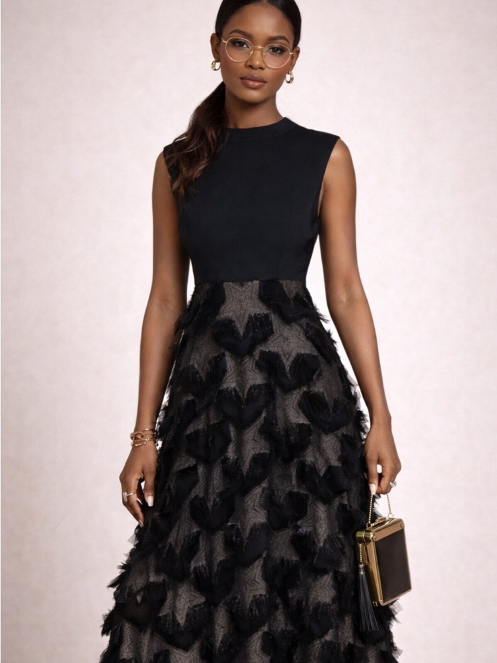 Black Sleeveless Midi Dress with Textured Appliqué